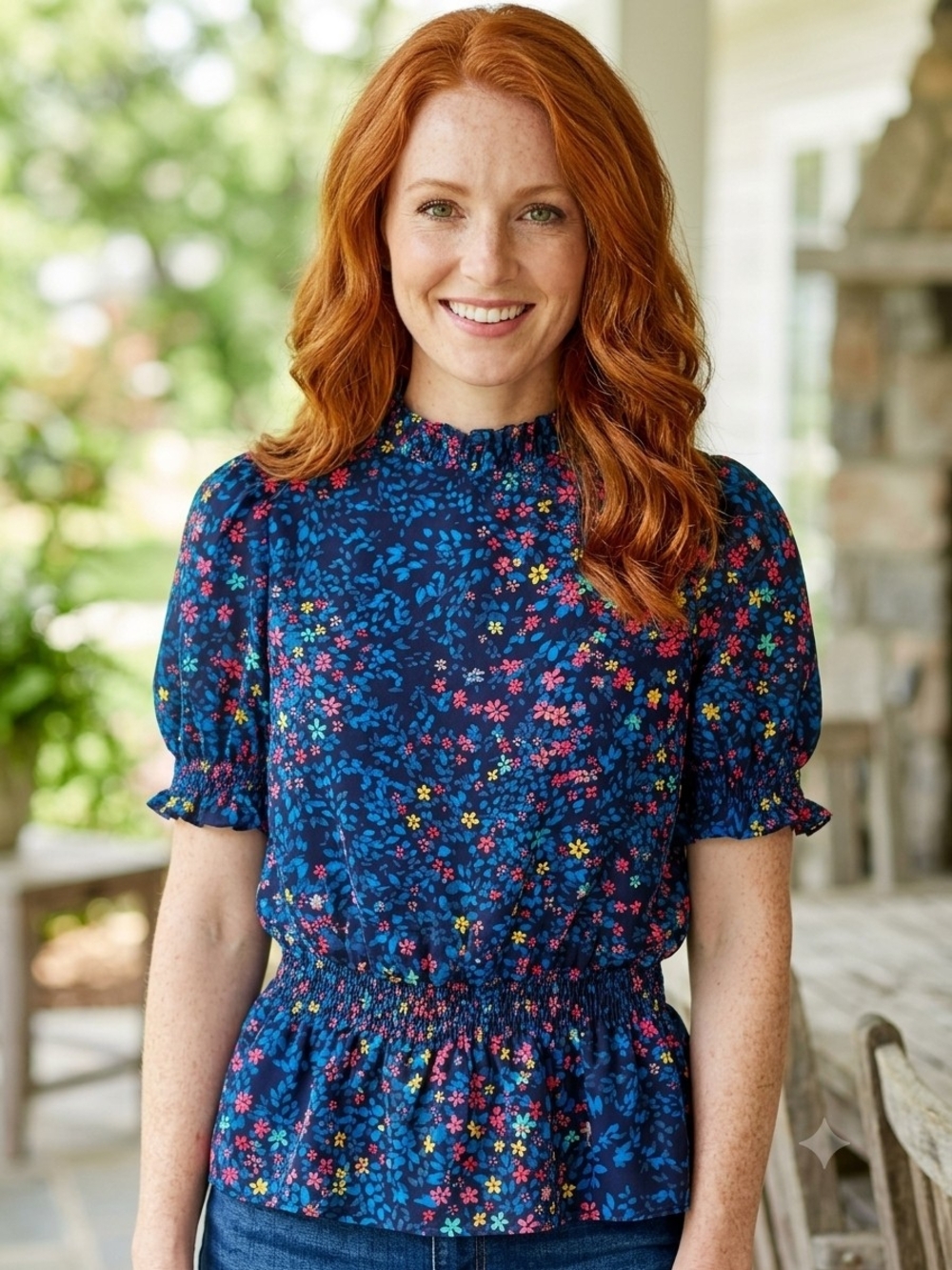 Sugarlips Navy Floral Smocked Peplum Blouse